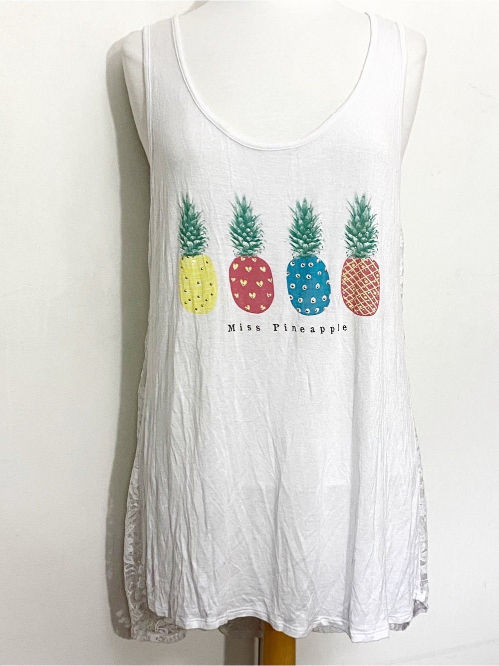 Deb White Tank Swim Coverup with Colorful Pineapple Graphic, Sheer Lace Back 3X